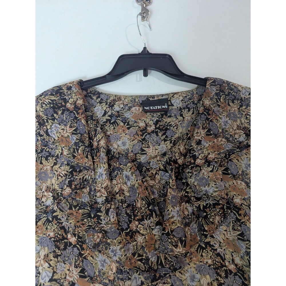 Vintage Notations Blouse Dark Floral Print Black Tan Peasant Ruffle Collar Sz L